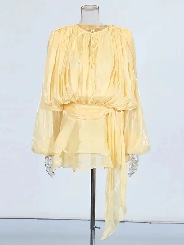 Lace Up V Neck Mini Dress For Women Long Sleeve