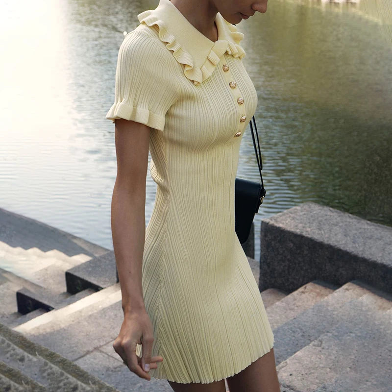 Ruffled High Waist Mini Dress Short Sleeve Knit Elegant Vintage