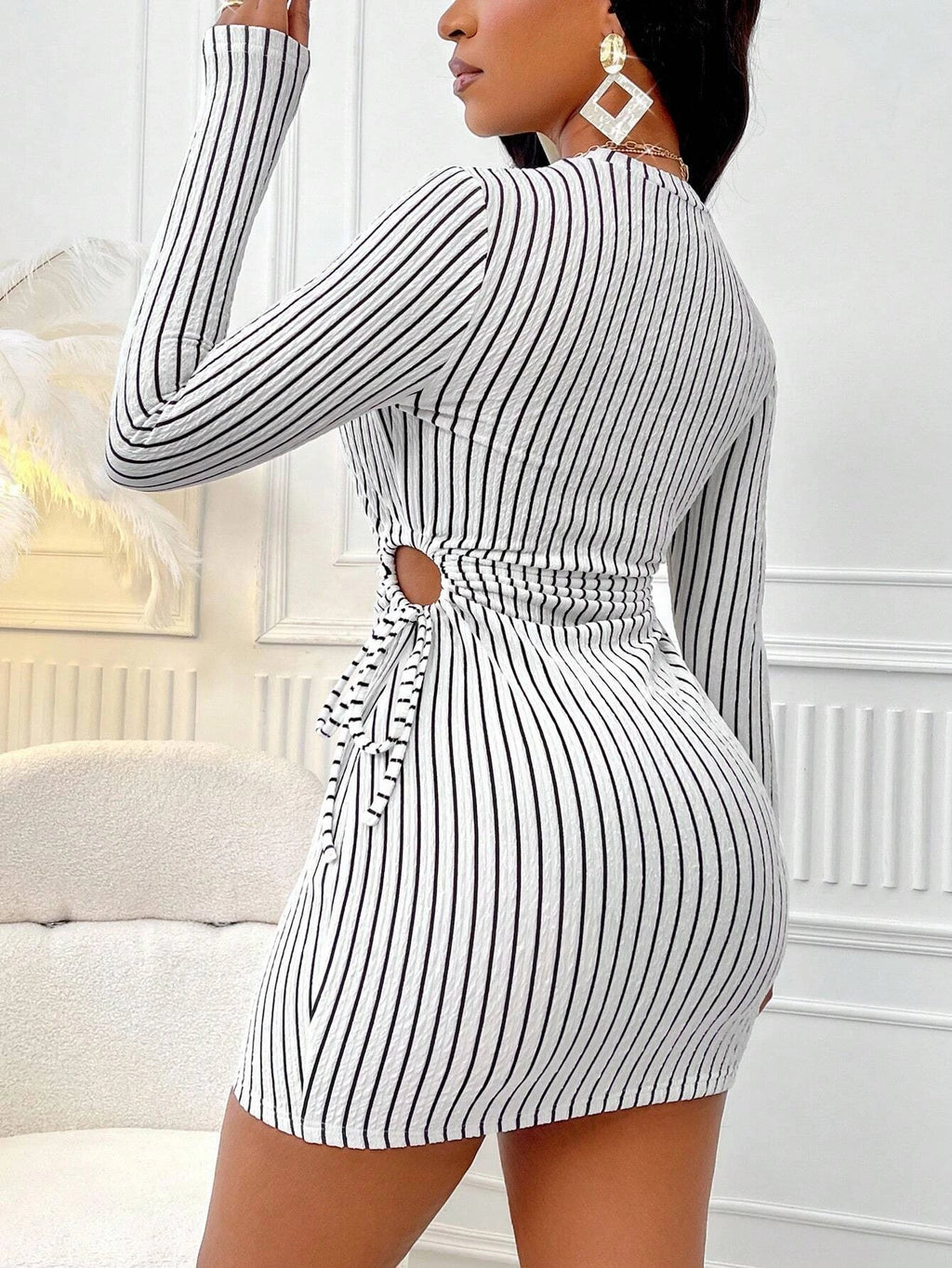 Striped Knit Long Sleeve Dress With Waist Cutout Tie Detail