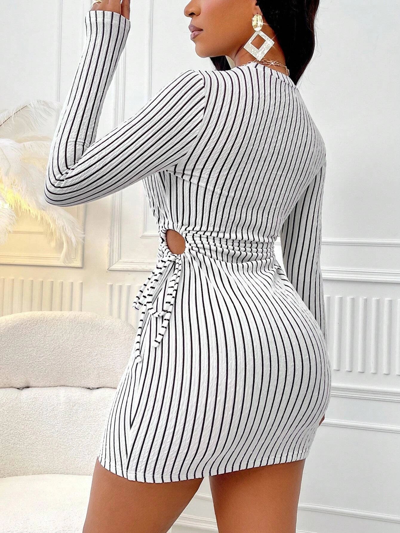 Striped Knit Long Sleeve Dress With Waist Cutout Tie Detail