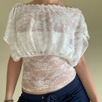 Elegant Lace Embroidery Top With Sheer Fabric And Button Front Short Sleeves