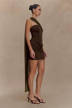 One Shoulder Backless Mini Dress With Draped Ruched Silhouette