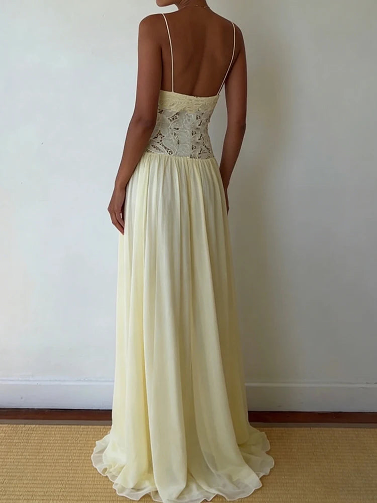 Hollow Out Lace Patchwork Sleeveless Dress With V Neck