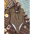 Striped Plaid V Neck  One Piece Swimsuit Female Frilled High Leg Cut Padded