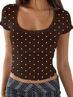 Y2K Polka Dot Crop Top With Lace Trim And Scoop Neck Short Sleeve Tee
