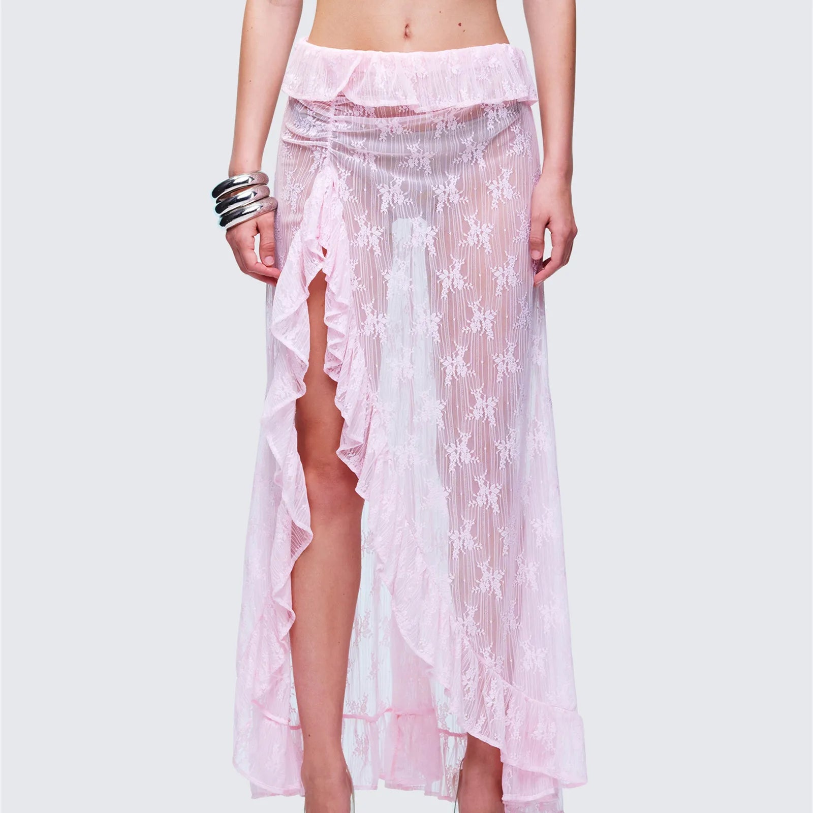Women Asymmetrical Lace Flowy Skirt Vintage Long Skirts High Waist Ruffle Midi