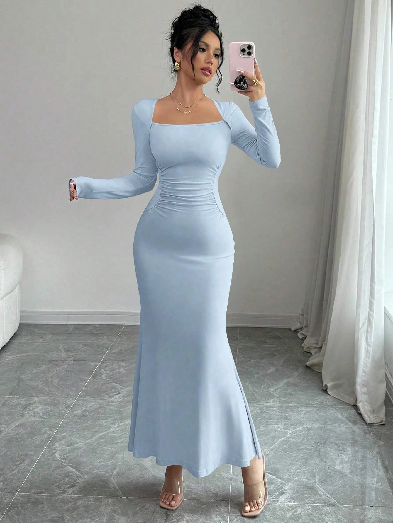 Retro Square Collar Dress With Long Sleeves In Solid Color