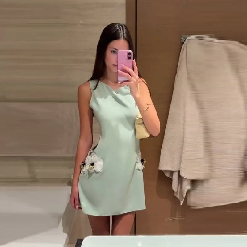 Lady 3D Flower Sleeveless Mini Dress Light Green