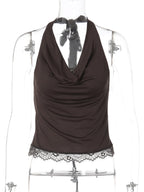 Backless Halter Knit Tank With Lace Up Details And Swing Collar