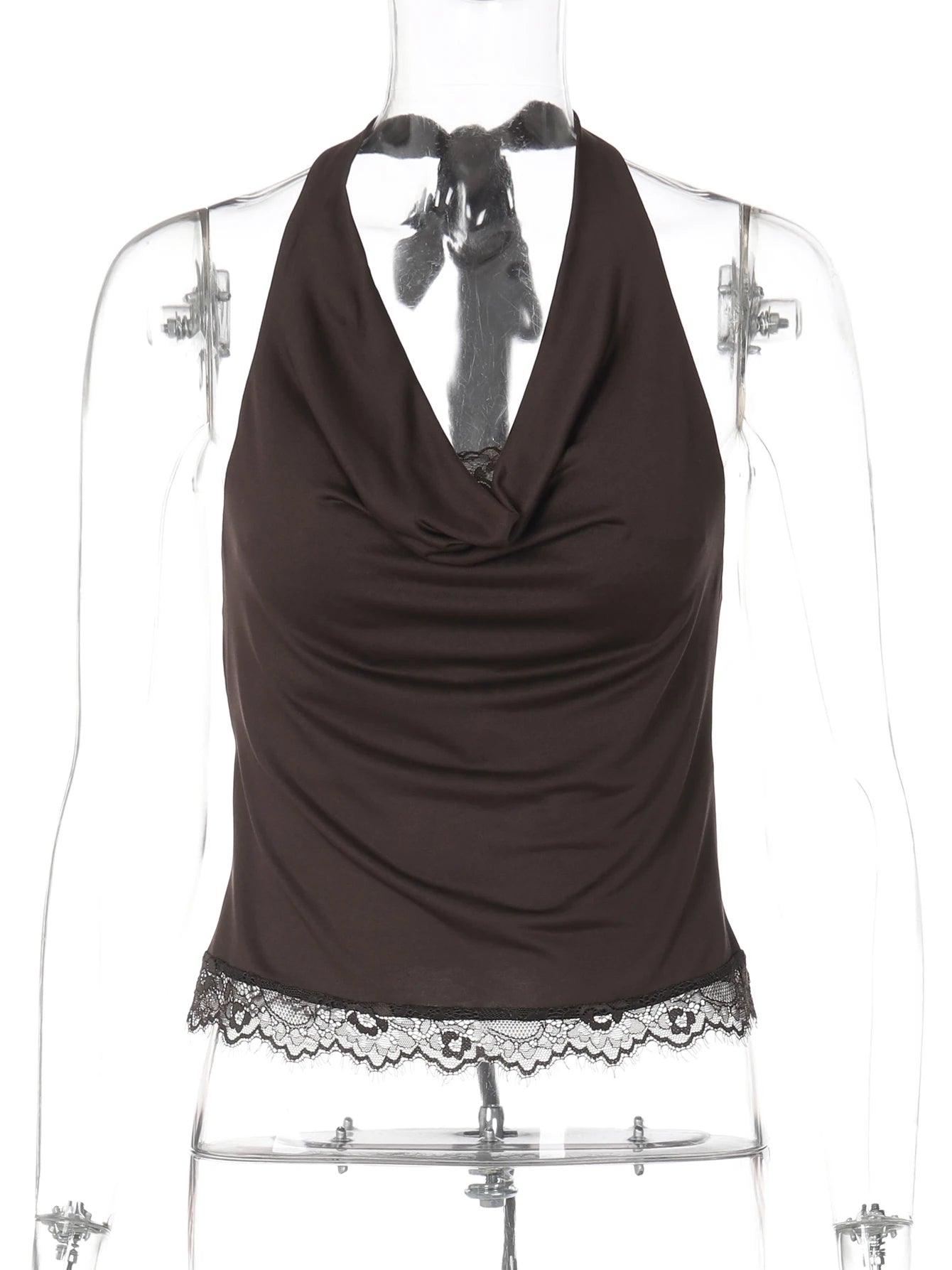 Backless Halter Knit Tank With Lace Up Details And Swing Collar