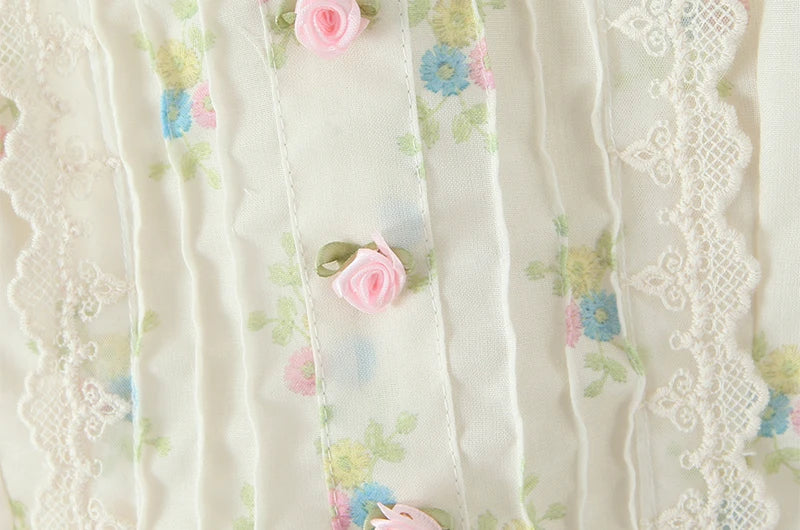 Sweet Floral Print Chic Lace Short Blouses Vintage Square Collar Puff Sleeve Slim Shirt