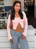 Square Collar Crop Top With Long Flare Sleeves And Button Details