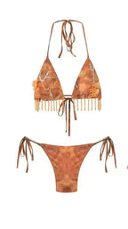 Boho Fringe Bikini Set With Lace Up Halter Top Beachwear