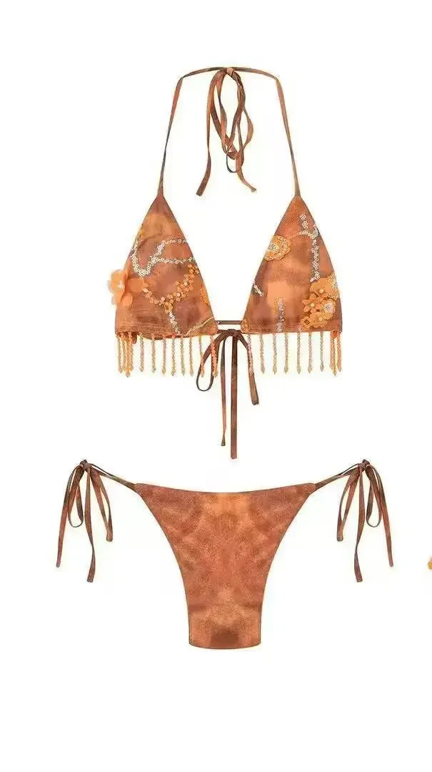 Boho Fringe Bikini Set With Lace Up Halter Top Beachwear