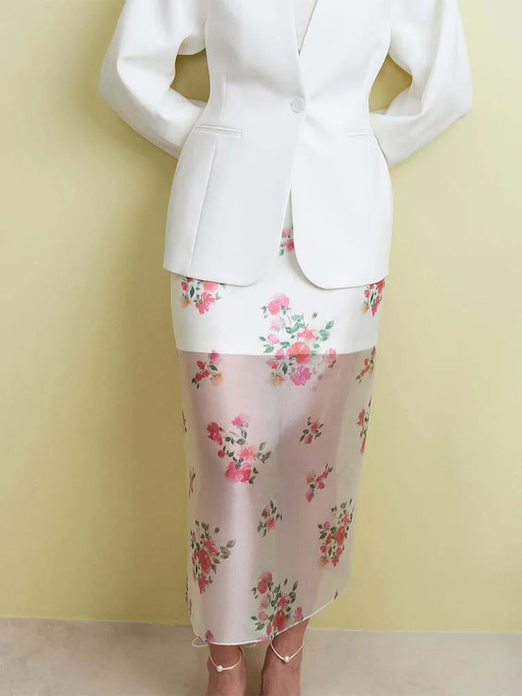 Airy Mesh Print Maxi Skirt With High Waist See Through Slit