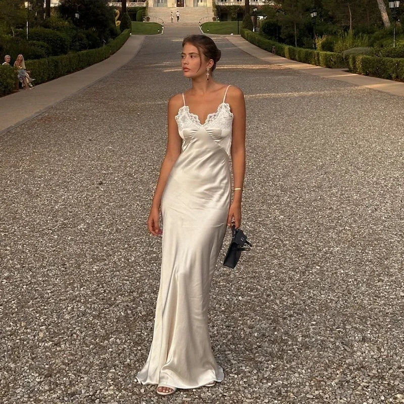 V-Neck Satin Sling Maxi Dress With Lace Patchwork Backless Evening Gown