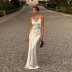 V-Neck Satin Sling Maxi Dress With Lace Patchwork Backless Evening Gown