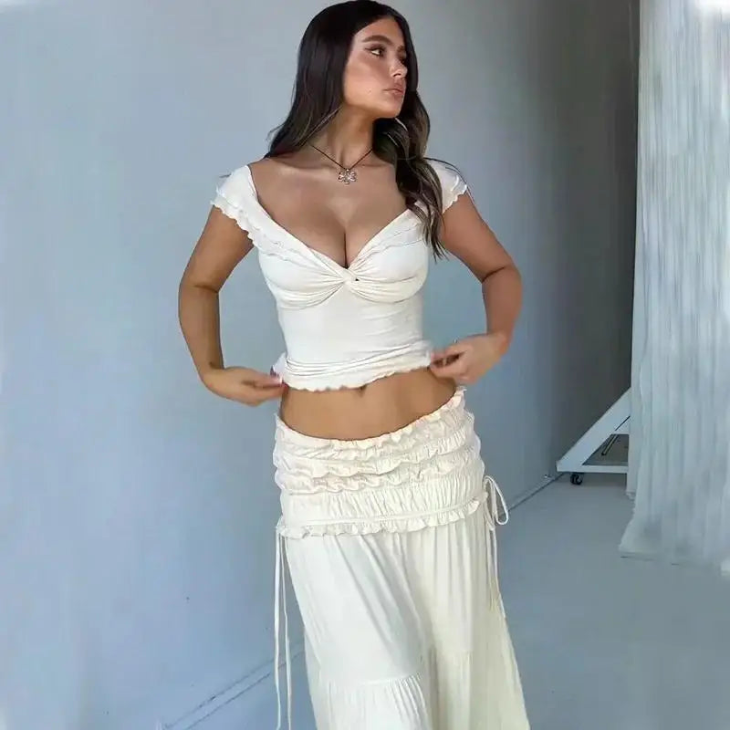 Ruffle 2 Piece Set Women Outfit Crop Top And Skirt Sets