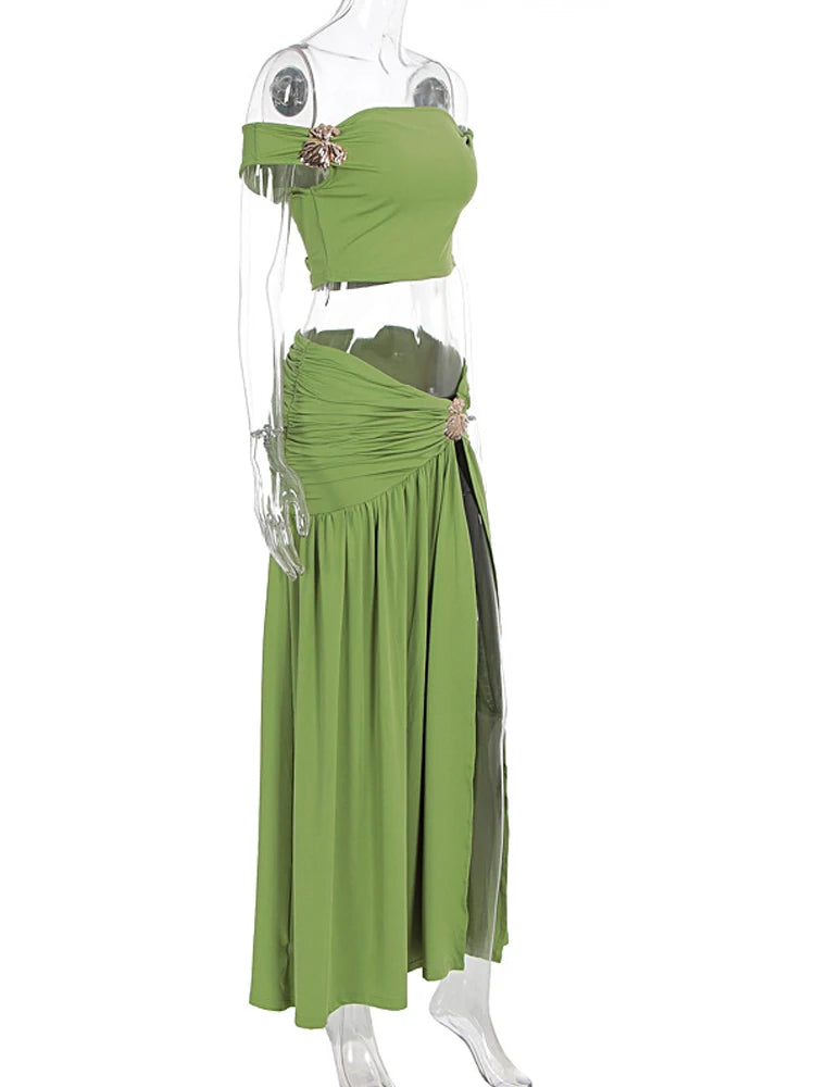 Gold Brooch Top And Maxi Skirt Set With Ruched Detail And High Slit