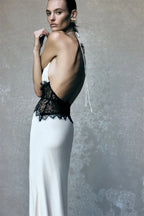 Backless Maxi Gown With Patchwork Lace Halter Neck Deep V And High Waist Elegance