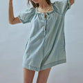Lace Up Mini Jumpsuit Square Neck Denim Fringed Bubble Sleeve Bodysuit
