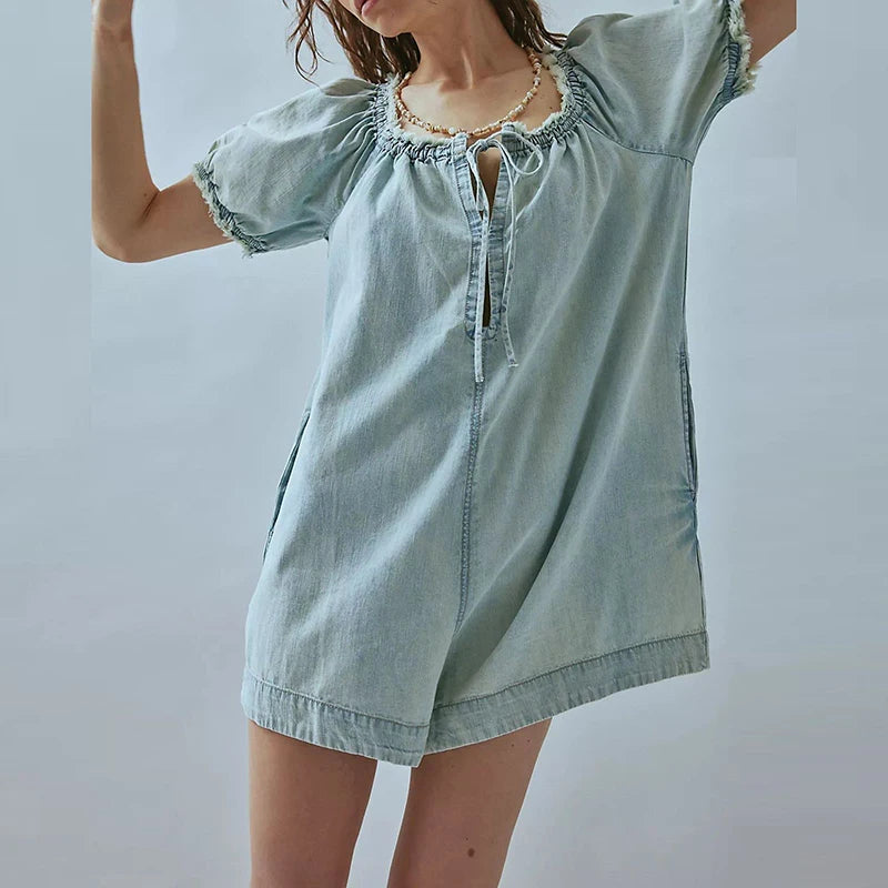 Lace Up Mini Jumpsuit Square Neck Denim Fringed Bubble Sleeve Bodysuit