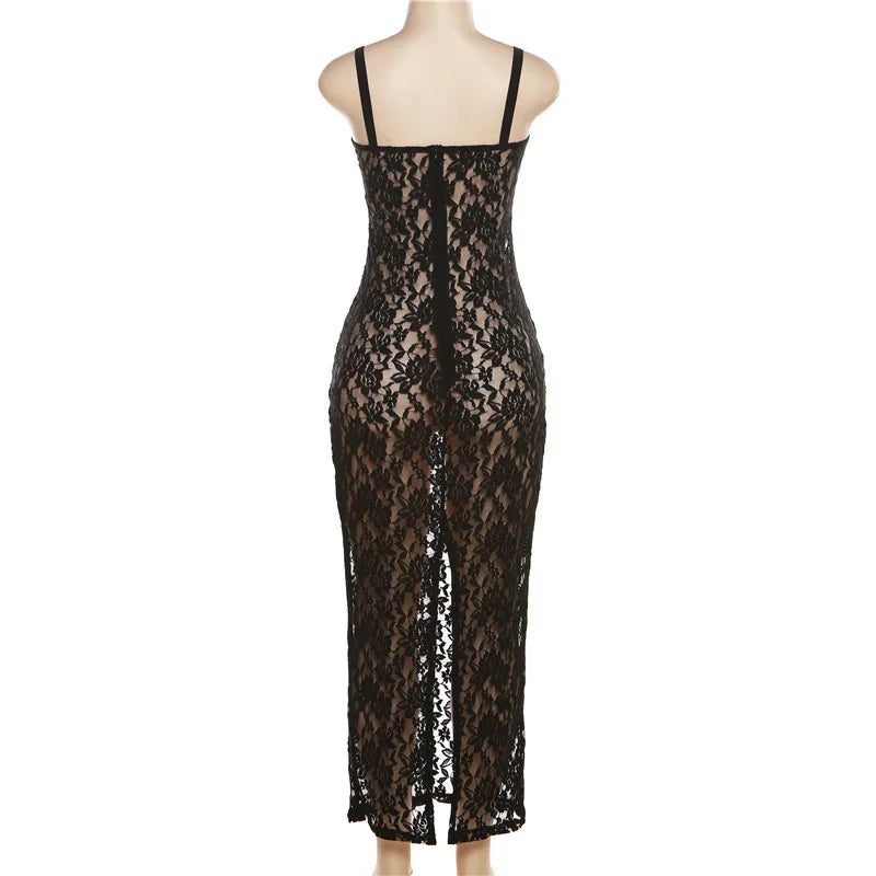 Sexy Lace Black Maxi Dress Nightclub Bodycon Silhouette