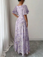 Purple Butterfly Print Mini Dress With Batwing Sleeves