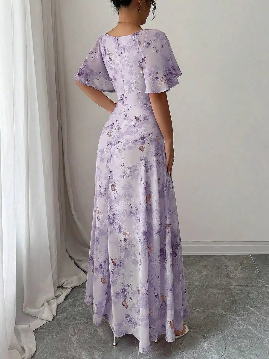 Purple Butterfly Print Mini Dress With Batwing Sleeves