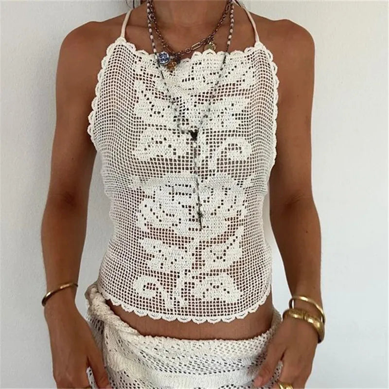 Bohemian Crochet Cami Top With Open Back And Floral Pattern Halter