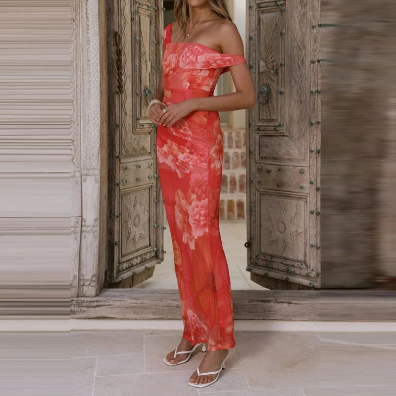 Elegant Floral Mesh Maxi Dress Sleeveless With Slash Collar