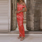 Elegant Floral Mesh Maxi Dress Sleeveless With Slash Collar