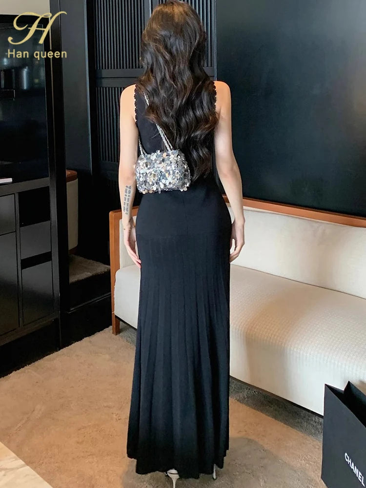 Floral Pearl Knit Maxi Dress Sleeveless O-Neck With Pleated Details