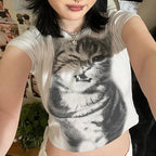 Animal Print Crop Top In White Slim Fit Crewneck Tee For Casual Vintage Vibe Everyday Chic