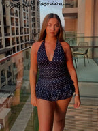 Polka Dot V Neck Halter Top Set With High Waist Ruffle Hem Mini Skirt