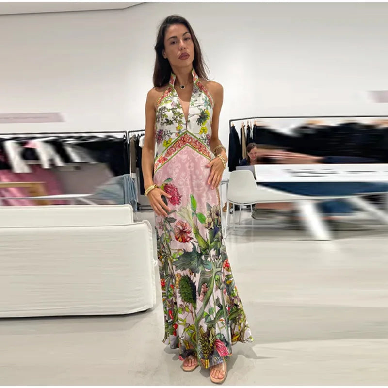 Flirty Printed Halter Backless Dress For Summer Party Chic Evening Outfits Slim High Waist