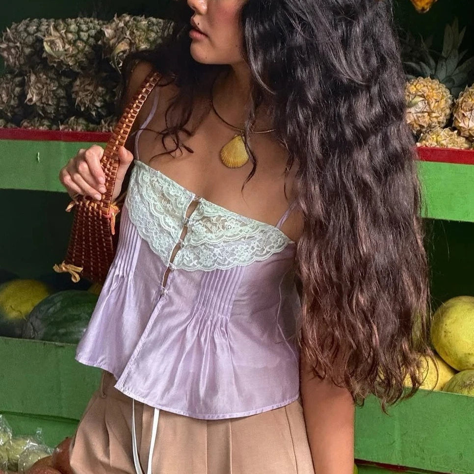 Lace Strap Boho Camisole Top Sheer Cotton Rayon Sleeveless