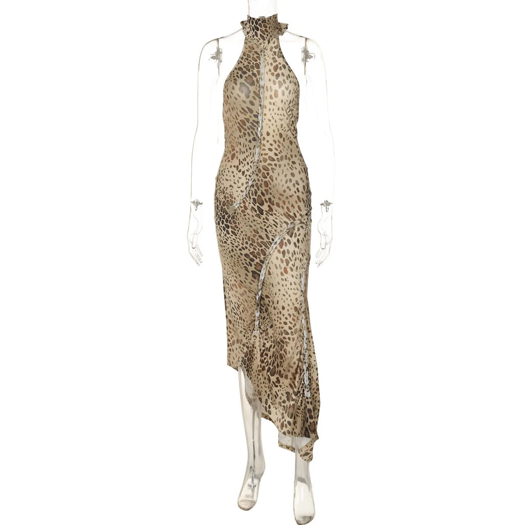 Leopard Print Halter Maxi Dress With Backless Silhouette Embellished Bandage Style