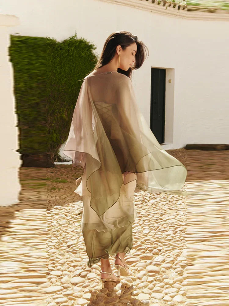 Gradient Flowy Chiffon Three Piece Set With Tube Top Tiered Skirt And Sheer Scarf
