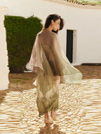 Gradient Flowy Chiffon Three Piece Set With Tube Top Tiered Skirt And Sheer Scarf