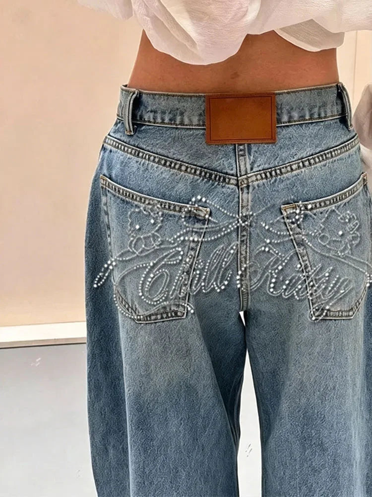 Gradient Blue Jeans for Women's Y2K Retro Niche High-end Classic Letter Stamping Jeans