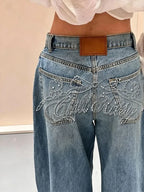 Gradient Blue Jeans for Women's Y2K Retro Niche High-end Classic Letter Stamping Jeans