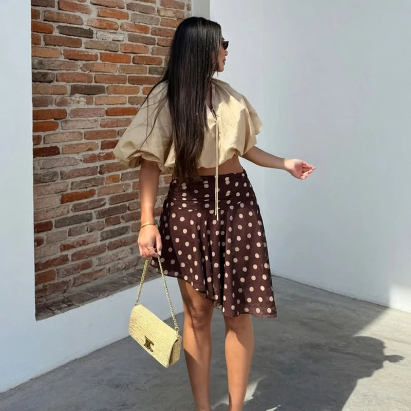 Polka Dot Mini Skirt With High Waist And Asymmetric Folded Hem Style