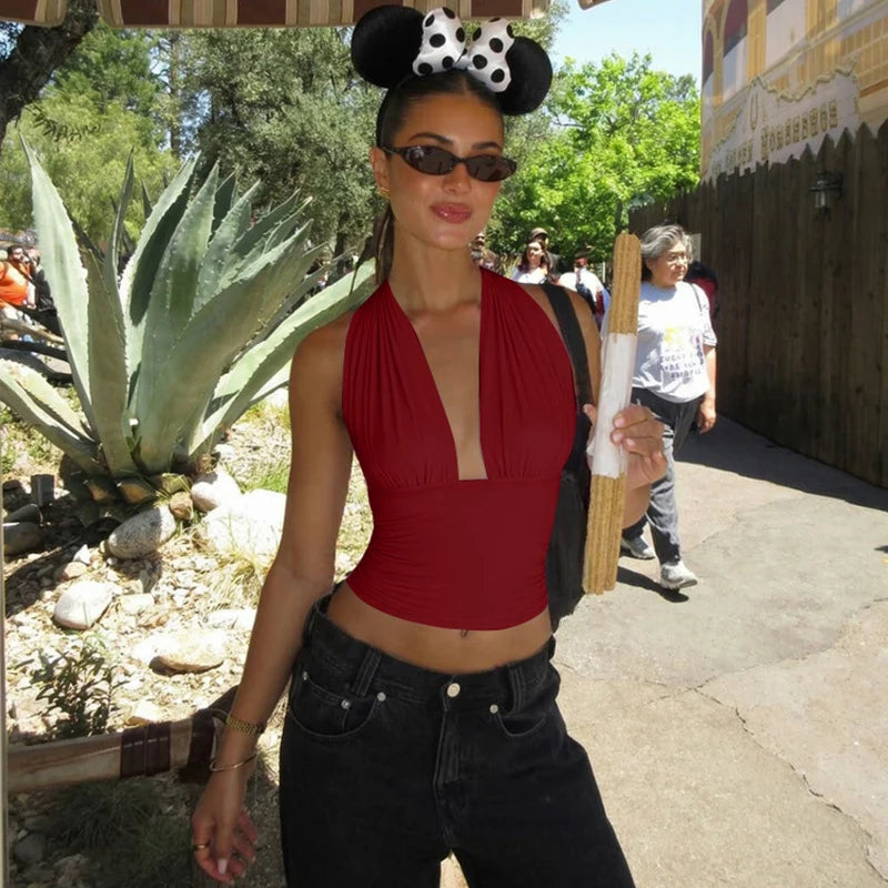 Women Halter Neck Backless Elastic V Neck Crop Top