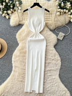 French Style Lace Knit Sleeveless Bodycon Maxi Dress