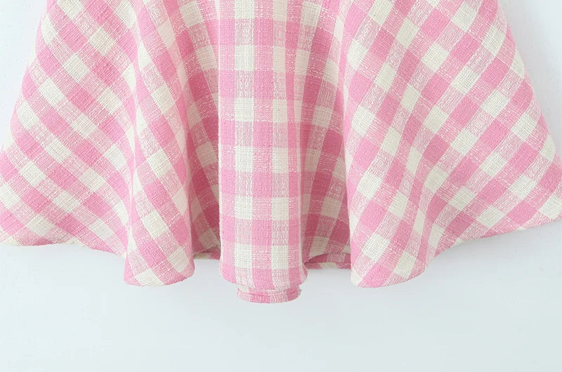 Sweet Plaid Sleeveless Backless Vintage Mini Dress With Halter Neck Slim