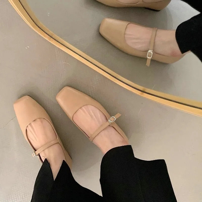 Mary Jane Flats With Square Toe Buckle Strap Retro Styled Women's Shoes