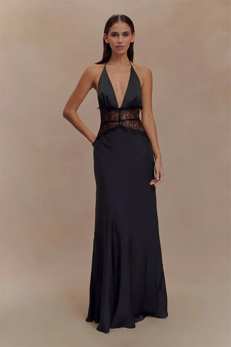 Backless Maxi Gown With Patchwork Lace Halter Neck Deep V And High Waist Elegance