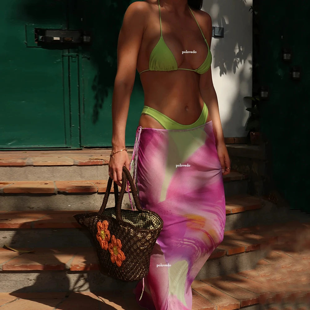 Three Piece Bikini Set With Long Skirt Cover Up