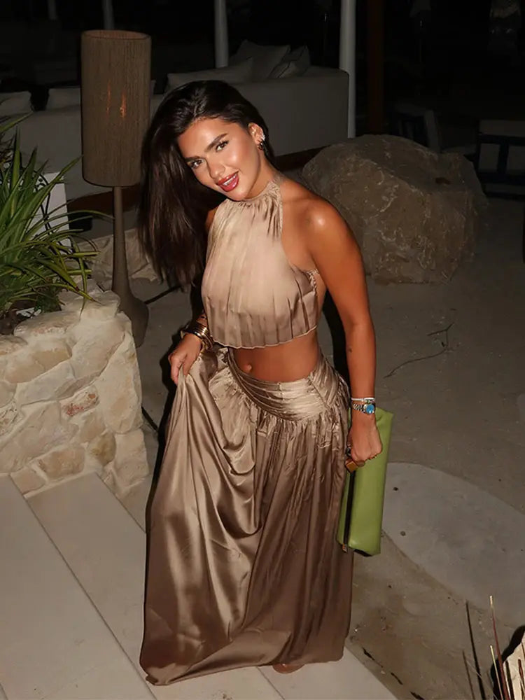 Champagne Satin Skirt Set For Women Halter Backless Crop Top And Maxi Pleated Skirt